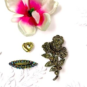 Beautiful! Three-piece vintage pin, lock, silver, and rhinestone